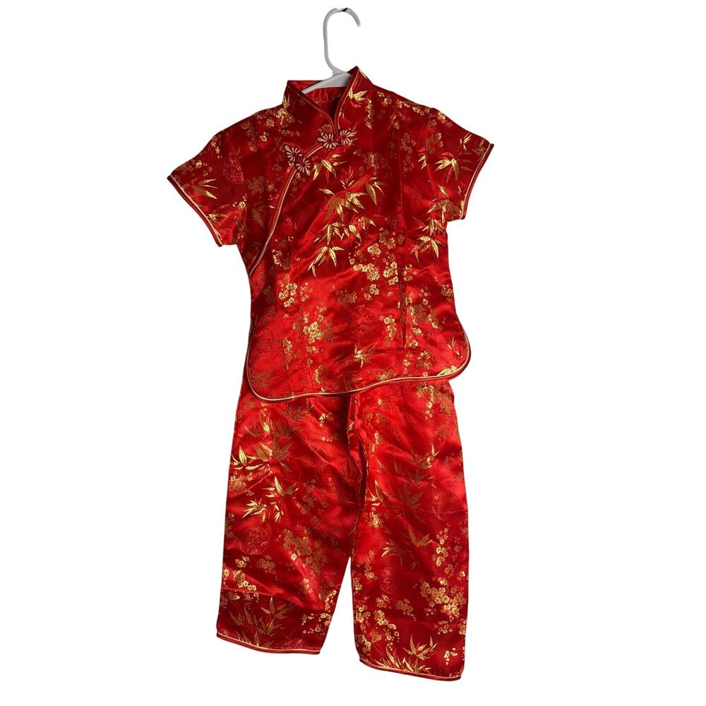 Vintage Kids Chinese Silk Brocade 2-Piece Cheongsam Top Pants Set Red Gold 4T 5T